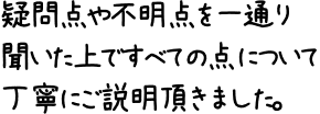 疑問点や不明点を一通り聞いた上ですべての点について丁寧にご説明頂きました。